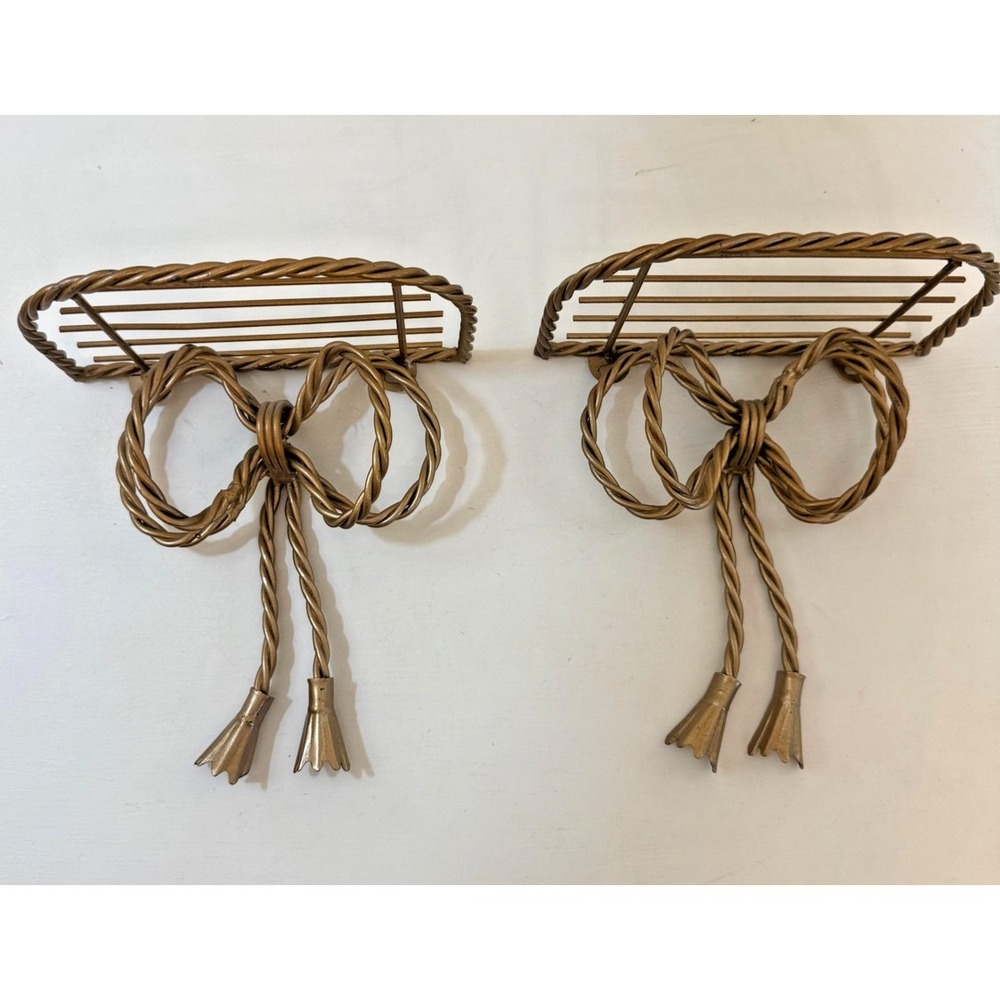 Pair‎ Gold Tone Bow Tassel Wall Decor Shelf Vintage Retro Romantic Accent Set